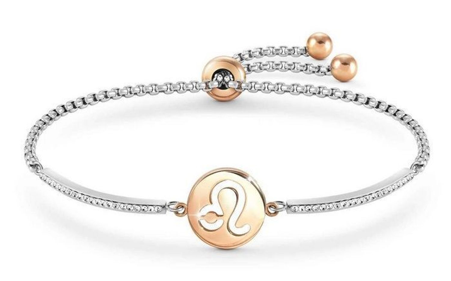 Bransoletka damska znak zodiaku Lew Nomination Italy Milleluci rosegold 028014 005  kolekcji Zodiaco. Wykonana ze stali szlachetnej, zdobiona mieniącymi się, błyszczącymi cyrkoniami pave oraz zawieszką ze znakiem zodiaku LEW w kolorze różowego.jpg